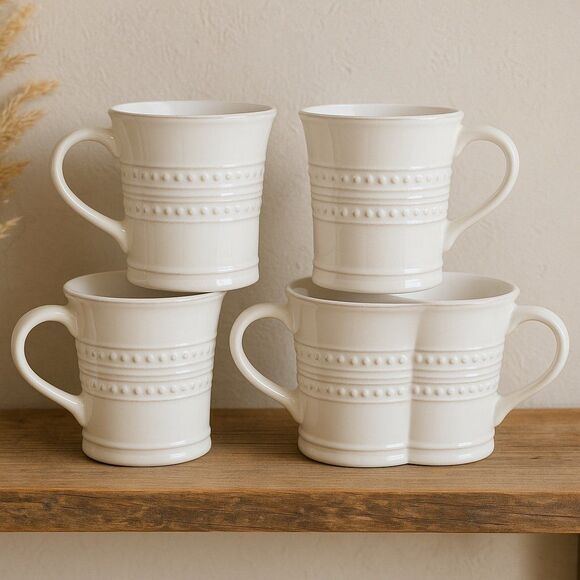 American Atelier White Beaded Stoneware Mugs Set of 4 – Farmhouse Coffee Cups - Picture 1 of 4